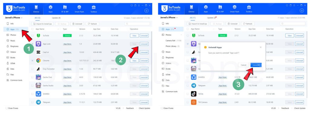 iphone app uninstall with 3utools