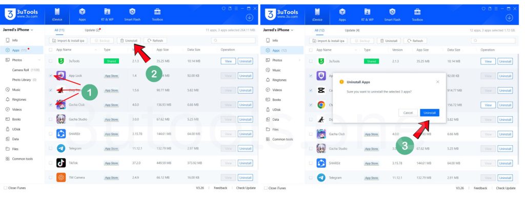 iphone multiple apps uninstall with 3utools