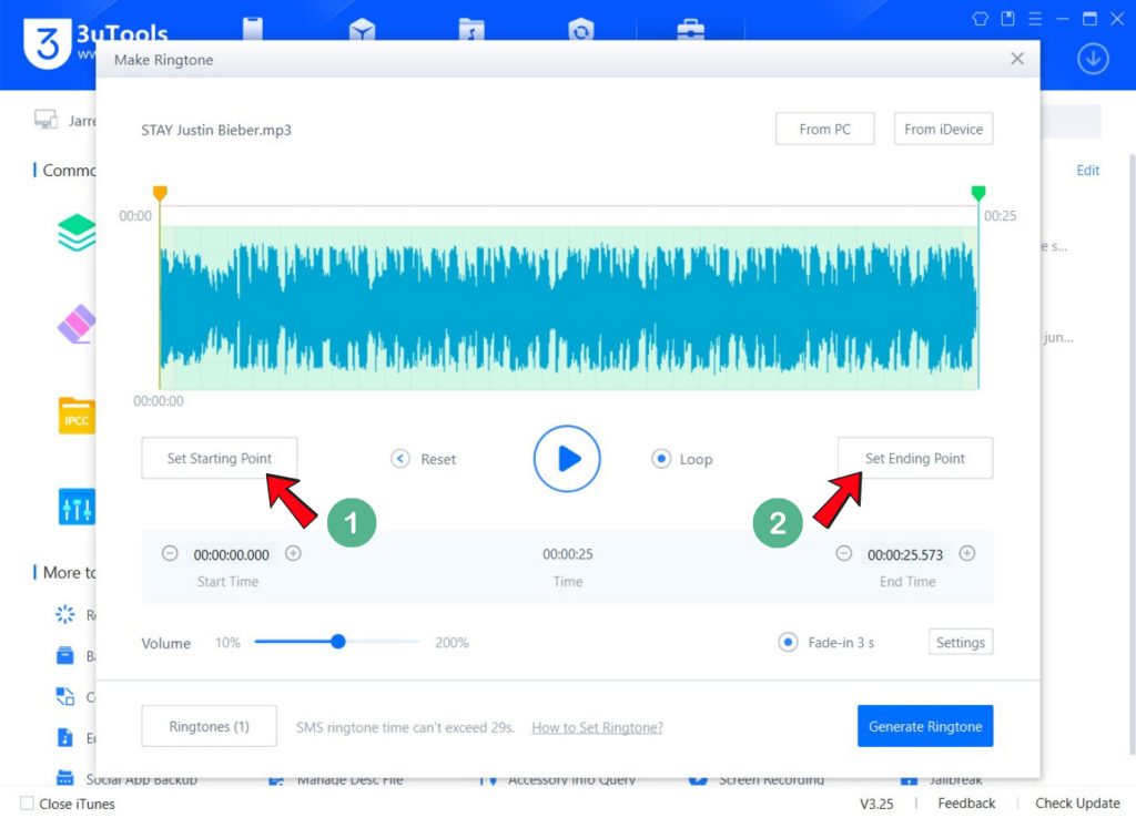 set starting point and ending point to create ringtone