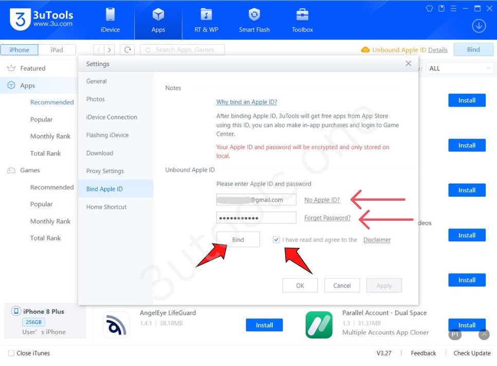 enter apple ID and password to bind